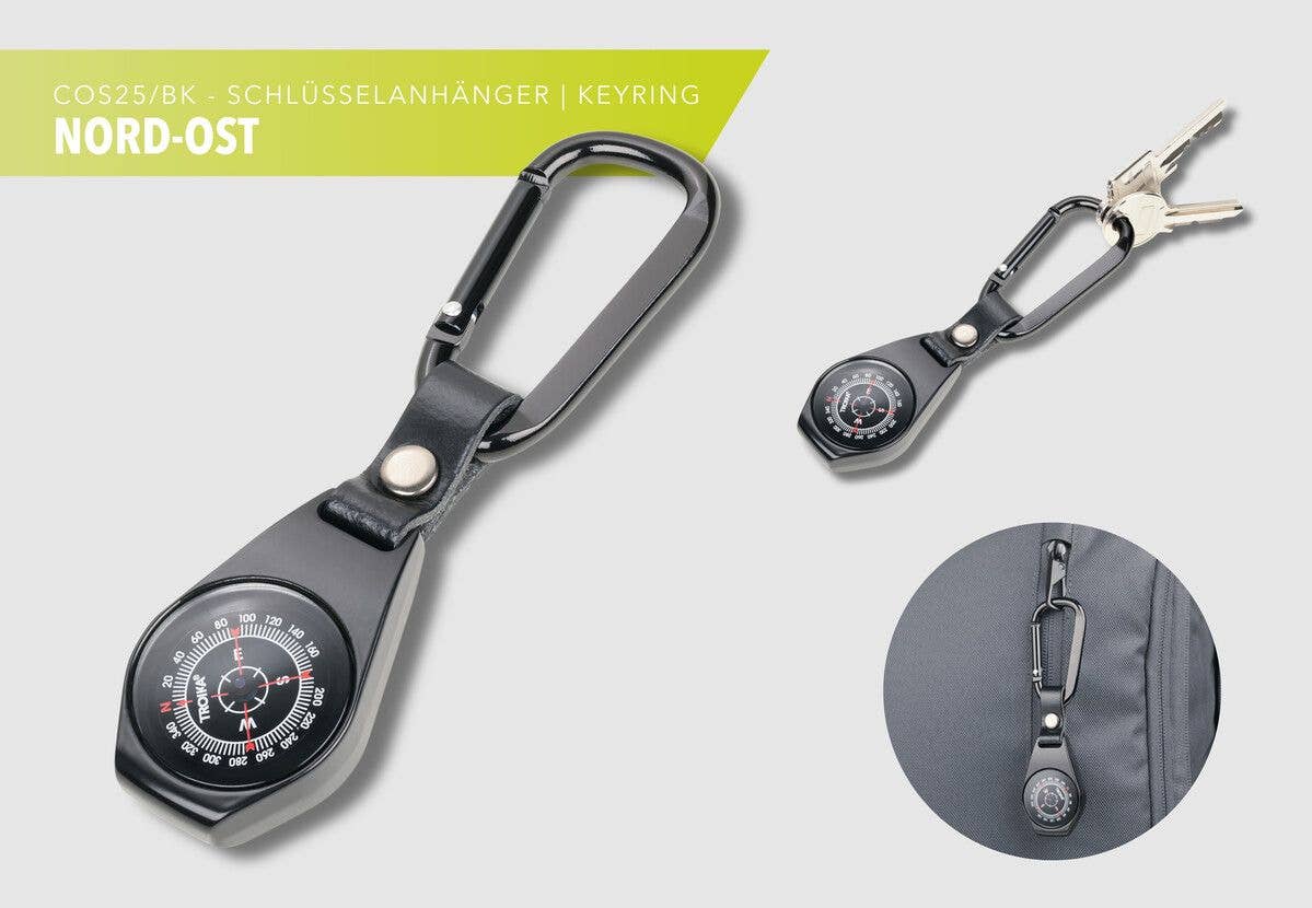 Troika NORD-OST, Pocket Compass with Carabiner Leather Loop