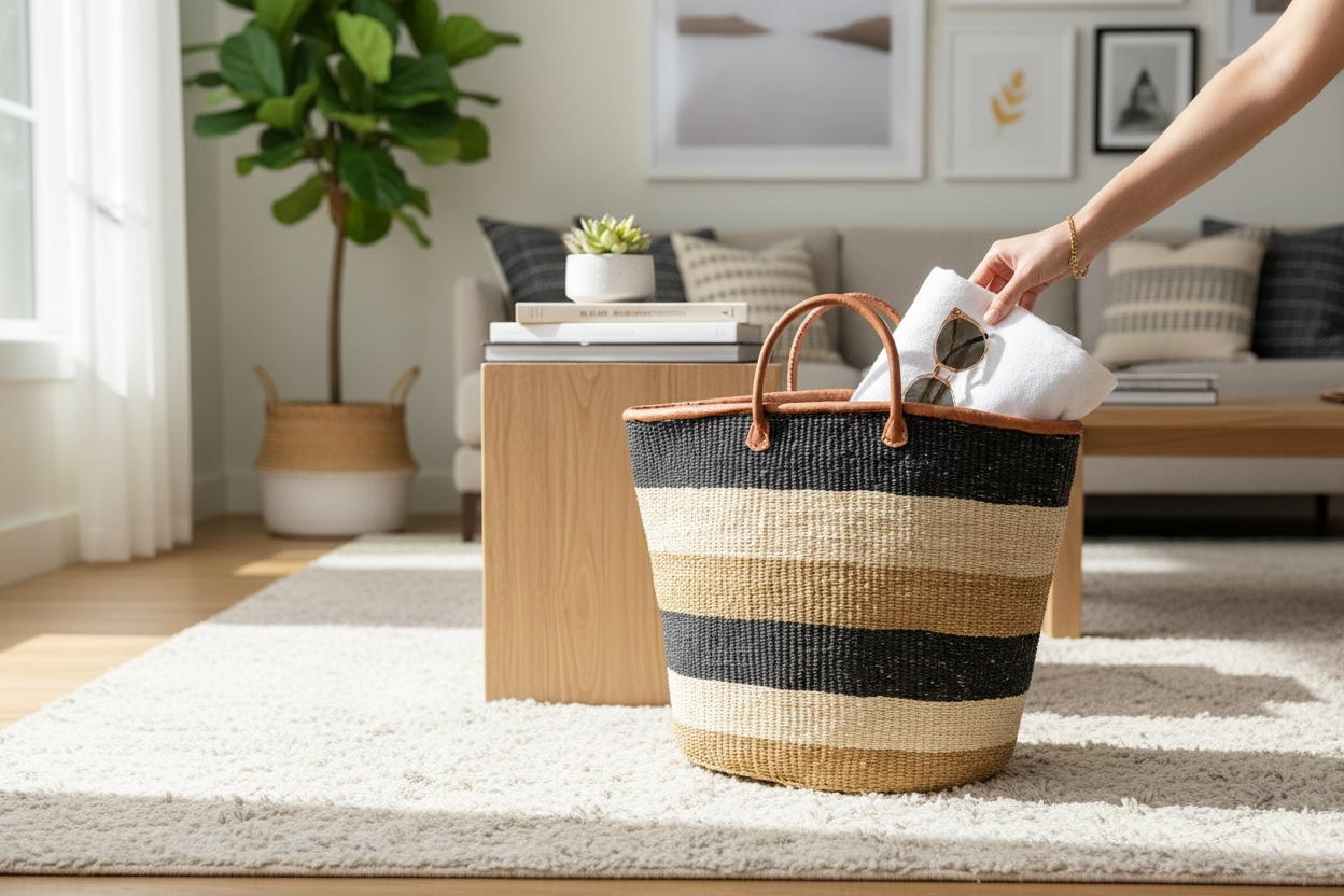 Mifuko Kiondo Kenya Bag - Striped Black, Beige and White