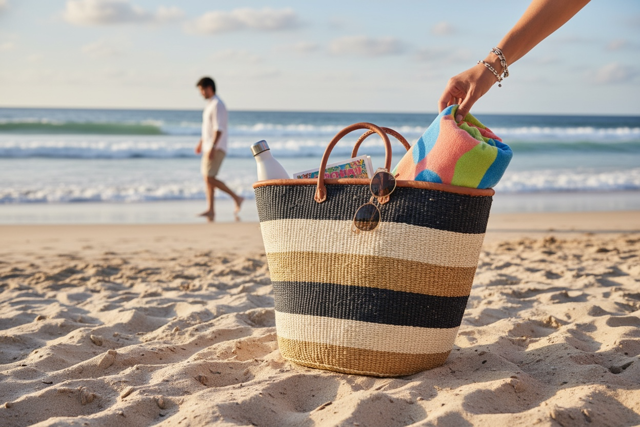 Mifuko Kiondo Kenya Bag - Striped Black, Beige and White