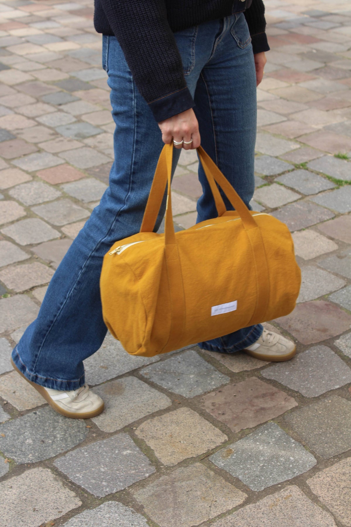 Mini bowling bag in saffron yellow organic cotton canvas